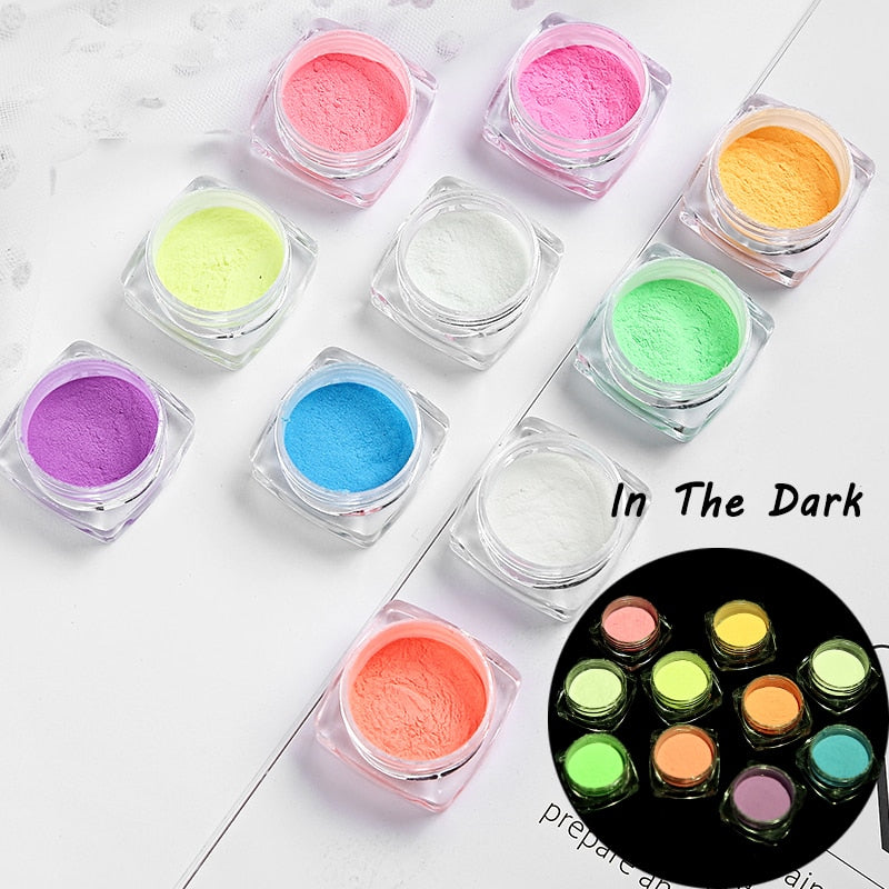 1 Box Neon Phosphor Powder Nail Glitter Powder 10 Colors Dust Luminous Pigment Fluorescent Powder Nail Glitters Glow in the Dark